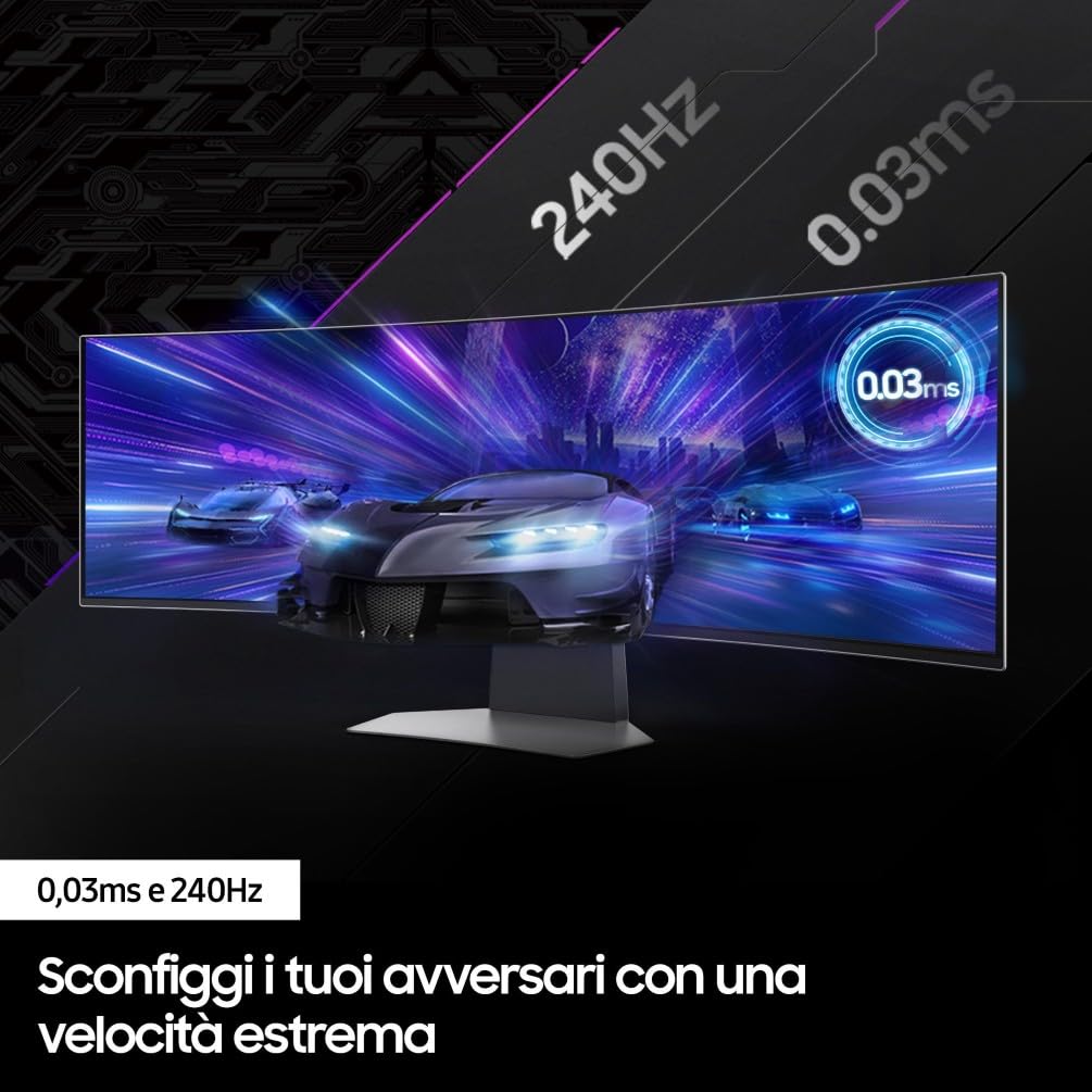 Samsung Monitor Gaming Odyssey OLED G9 (S49CG950), Curvo (1800R), 49'', 5120x1440 (DQHD), Smart Hub, 32:9, HDR10+, QD-OLED, 240Hz, 0,03ms (GtG), Compatibilità G-Sync, Micro HDMI, USB 3.0, DP, Casse