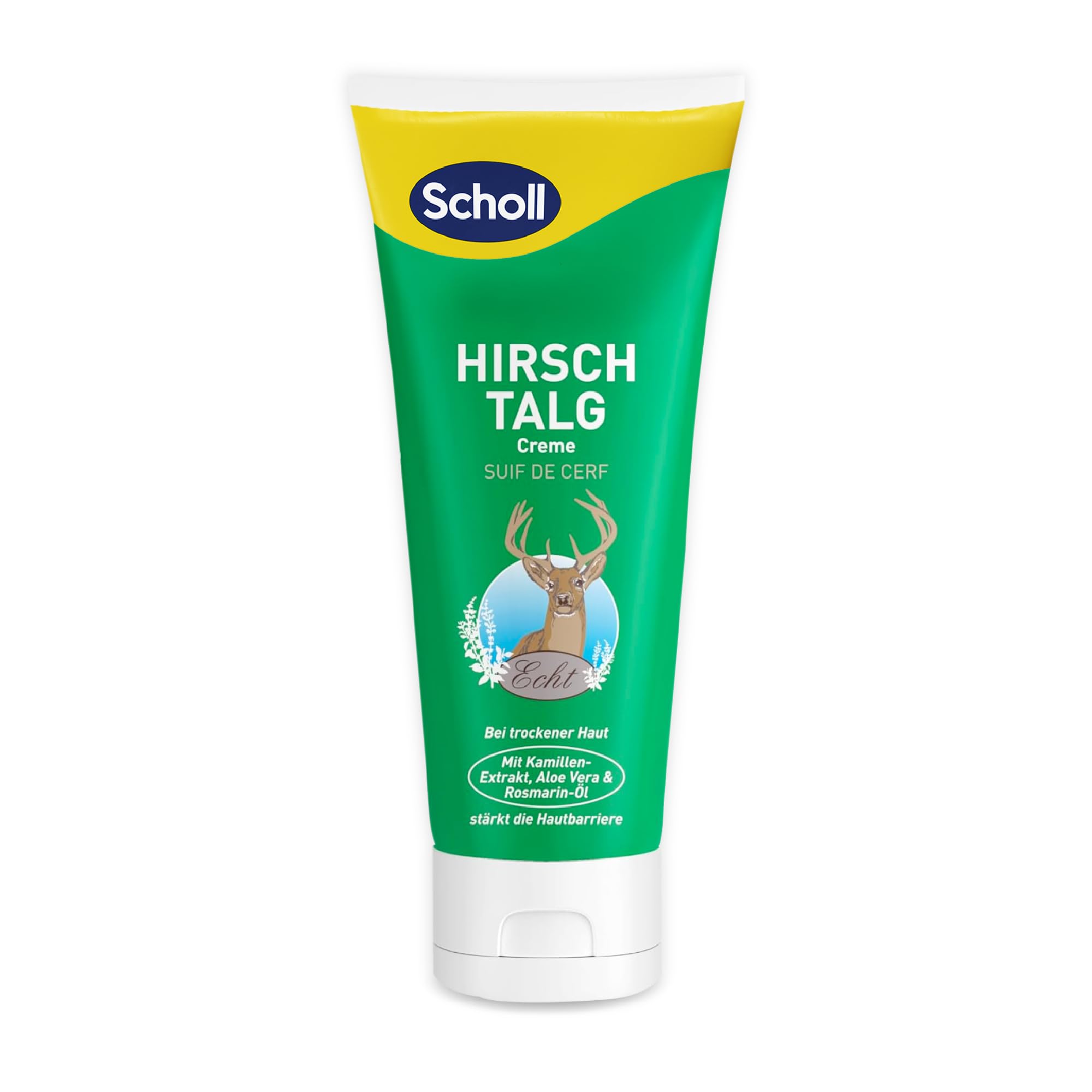 Scholl Hirschtalgcreme 100 ml - Fußcreme gegen Hornhaut und Feuchtigkeitscreme für Hände und Füße, Fußpflege für trockene Haut mit Kamille, Aloe Vera und Rosmarinöl, Hautglättend, PH-Hautneutral