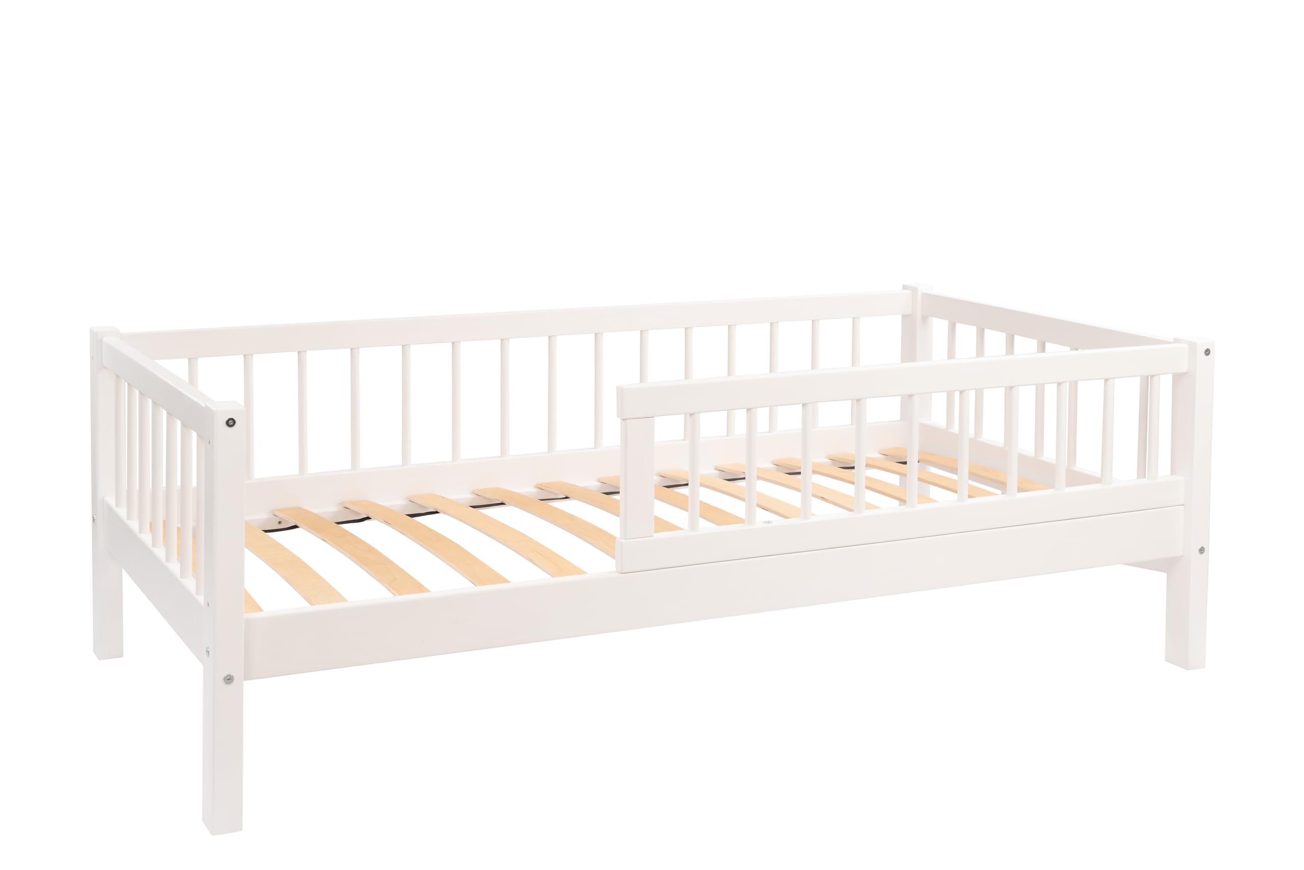 Alije Kinderbett Bett mit Rausfallschutz 60x120 Weiß NINA Lattenrost Bettgestell aus Kiefer Holz für Haus Kinder Jungen & Mädchen - Holzbett Baby Kinderzimmer Junge Deko