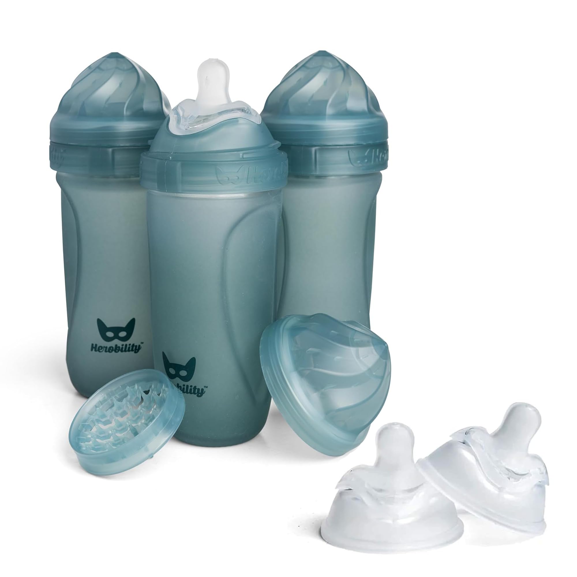 Herobility Glass Baby Bottles 11 fl oz/320 ml 3 Pack + Large Double Anti-Colic Silicone Nipples | Breast-Like Heat Sensing Color-Changing Bottles – Teal