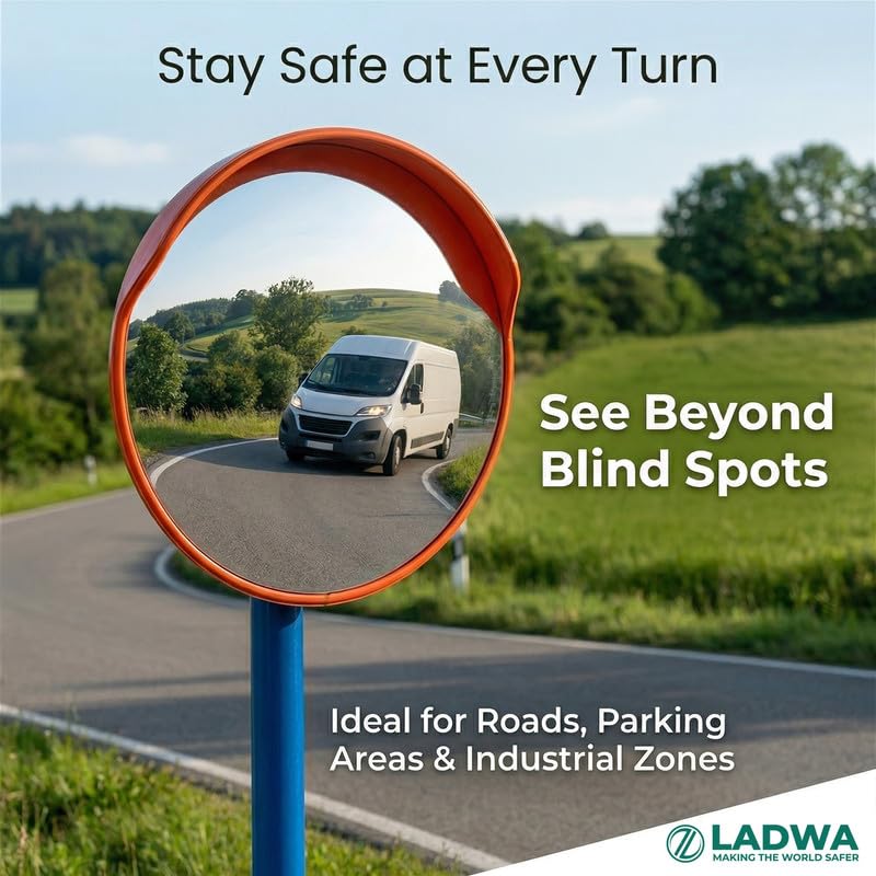 Image of LADWA 40-Inch Convex Mirror | Road Safety & Traffic Security Mirror | Unbreakable Polycarbonate Lens with Flat Back | Adjustable Mounting Bracket | Installation Kit with Nuts & Bolts Included