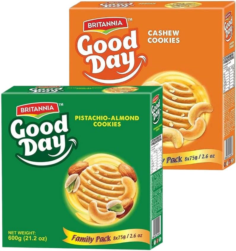 Britannia Good Day Cashew & Pistachio/Almond 21.2oz (600g) Combo Pack - Breakfast & Tea Time Snacks - Delicious Grocery Cookies (Pack of 1 Each)