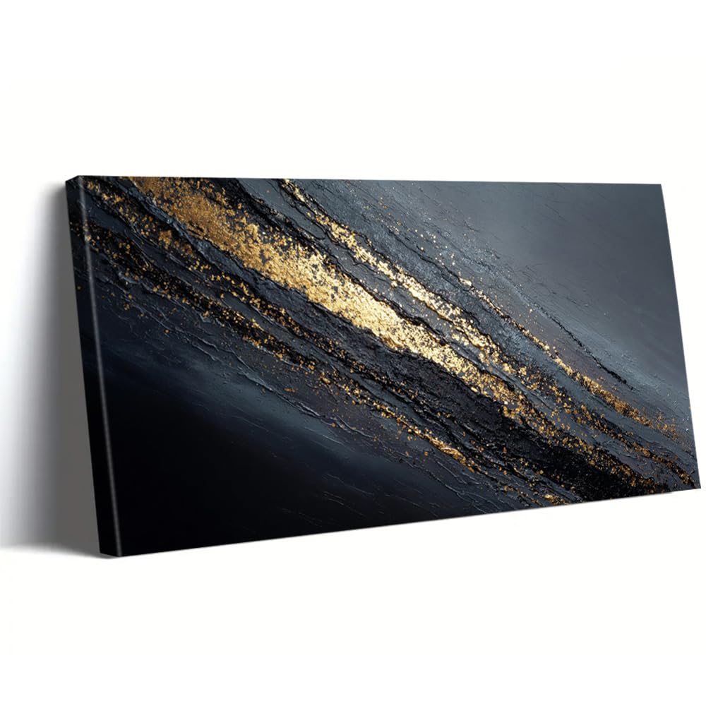 Uudezo With Frame Framed Dark Luxury Wall Decor Poster, Golden Streaks Wall Art Textured Art Canvas Paintings Decorations(70X140cm(28X55in)