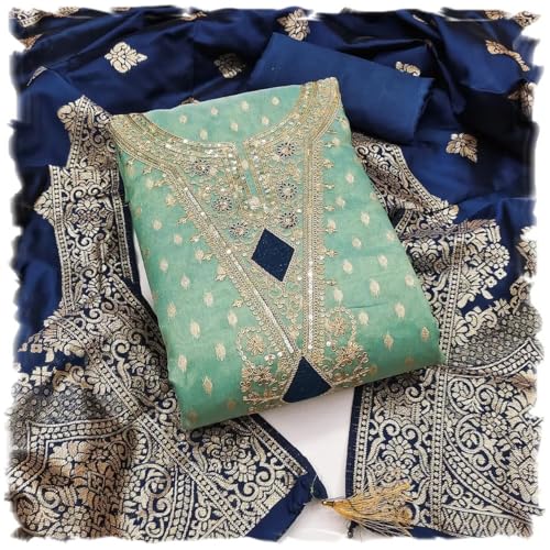 Image of Sidhidata Women's Shimmer Zari Butty With Multi Sequence Embroidered Unstitched Dress Material With Banarasi Silk Dupatta (DM Shimmer Free Size)