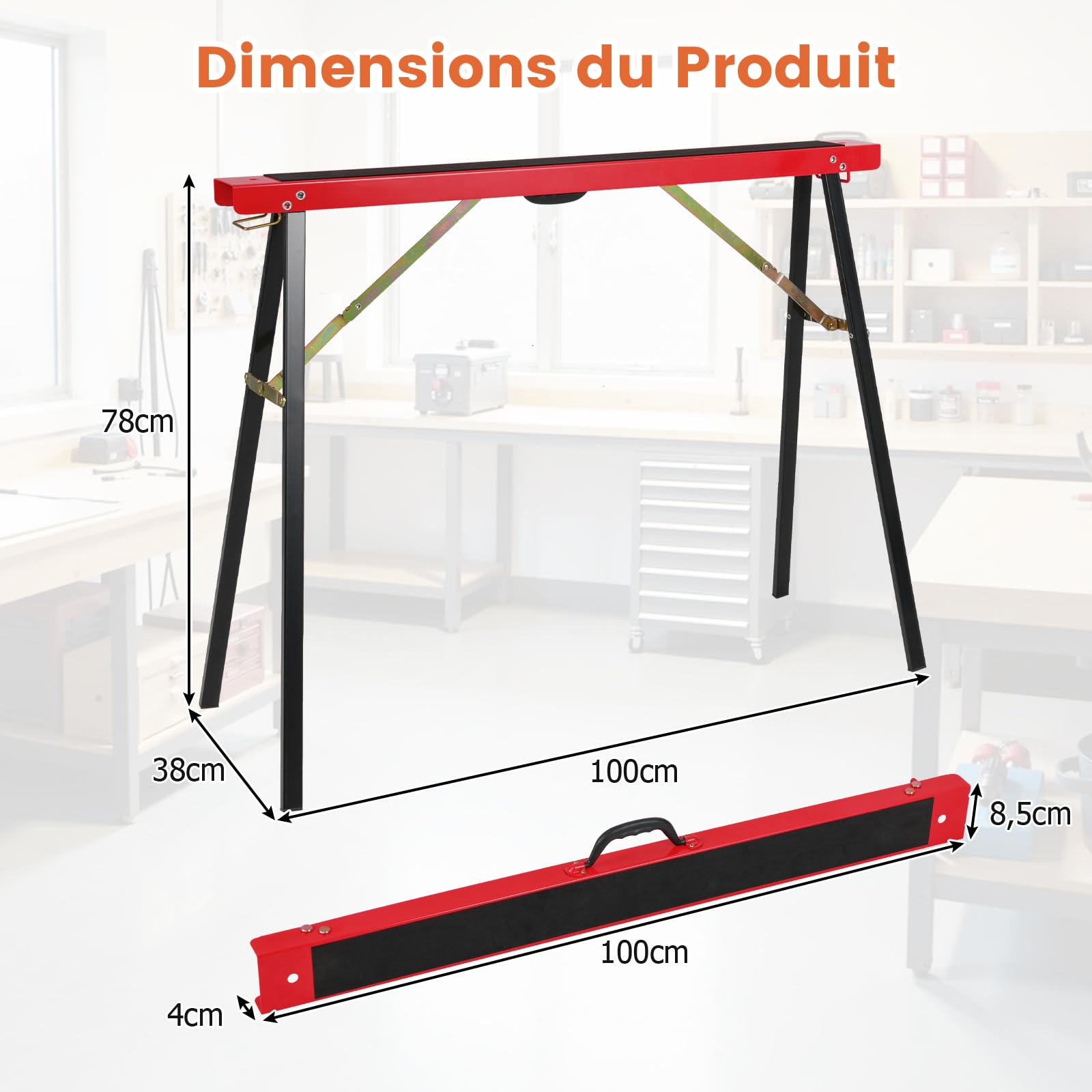 COSTWAY Lot de 2 Tréteaux Portables en Métal Galvanisé, Chevalets de Sciage Pliables Électroportatif avec Surface Antidérapante Charnière de Renfort Poignée de Transport, 100 x 38 x 78 cm