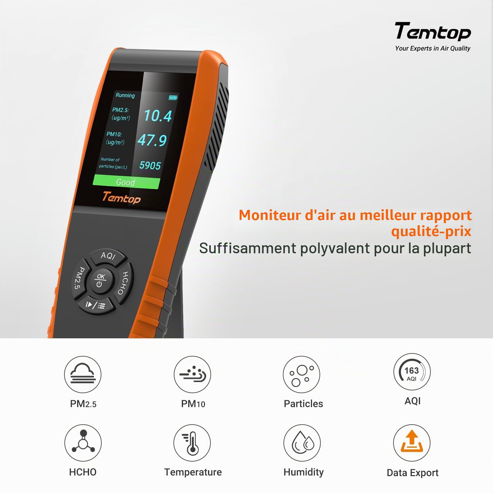 Temtop Détecteur de Qualité de l'air Appareil Mesurant PM2,5 PM10 HCHO COV AQI Température et Humidité Moniteur Qualité Air Intérieur pour Maison Bureau, LKC-1000S+2nd