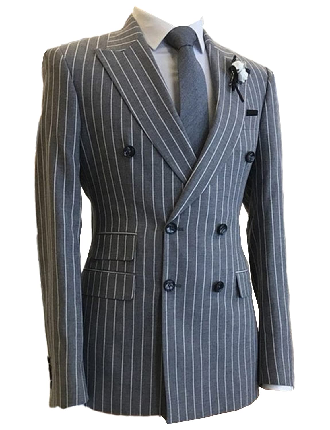 Uomo Stripe Due Pezzi Vestito Doppio Petto Bottoni Giacca e Pantaloni per la Cena
