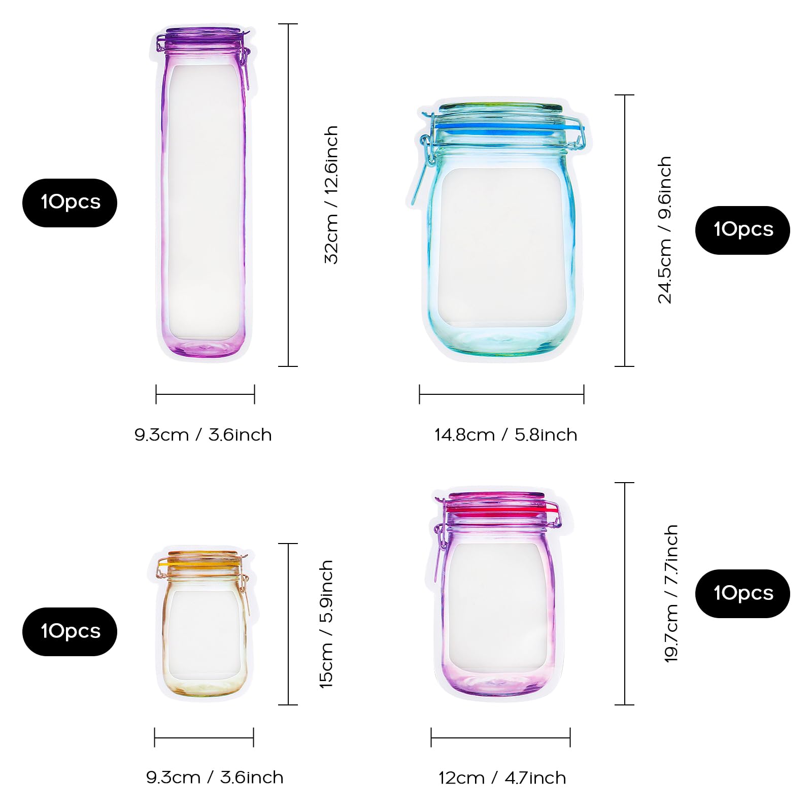 Mason Jar Bottle Bag Reusable Seal Spice Storage Bag Leakproof Self Sealing Snack Bag Fresh Bag for Picnic 40PCS (S M L High), Mason Jar Fresh Bag