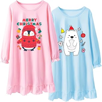 Tkria 2Pcs Girls Nightgowns Toddler Nightdress Soft Cotton Sleepwear 2-10 Years Long Sleeves Nightie Dress Pajamas Kids Girls