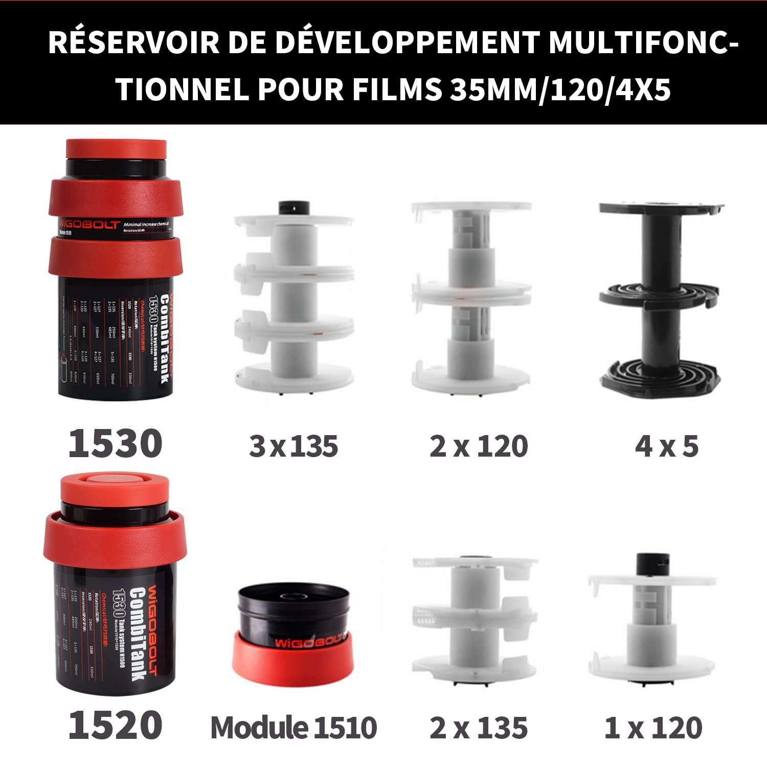 eTone Réservoir de développement Universel pour Chambre Noire avec 3 bobines en Spirale pour Le Traitement de 120 135 Rouleaux de Film N/B Équipement de Traitement de Film pour Appareil Photo