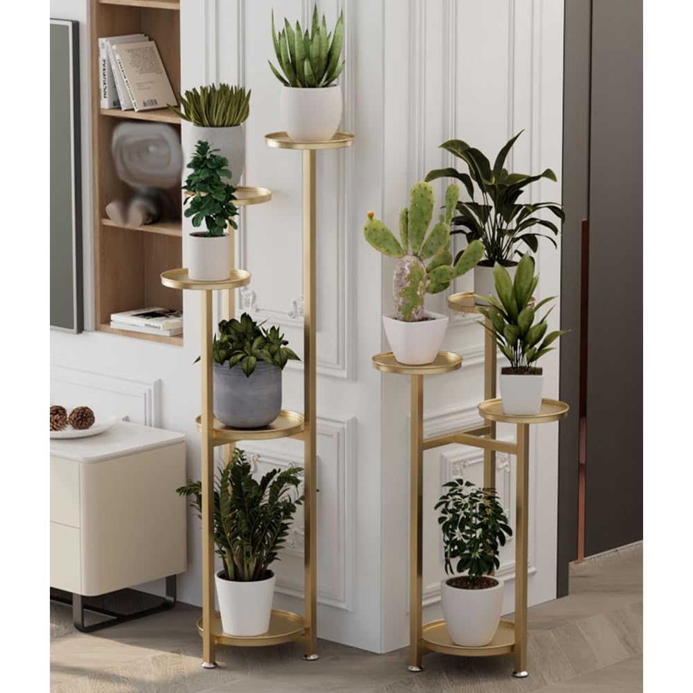 GarveeHome Vintage Eck-Pflanzenständer aus Metall – Mehrstöckiges, stabiles Regal mit Anti-Rutsch-Füßen, Gold, 120cm hoch