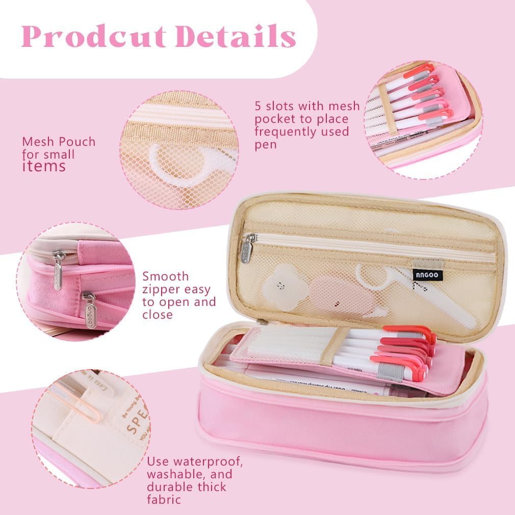 FASTUNBOX (LABEL) Large Capacity Pencil Case – Canvas Expandable 4-Compartment Organizer, Travel Makeup & Stationery Pouch with Zippered Base, Holds 50-60 Pens – Durable Gift Bag (Pink - Beige) 2