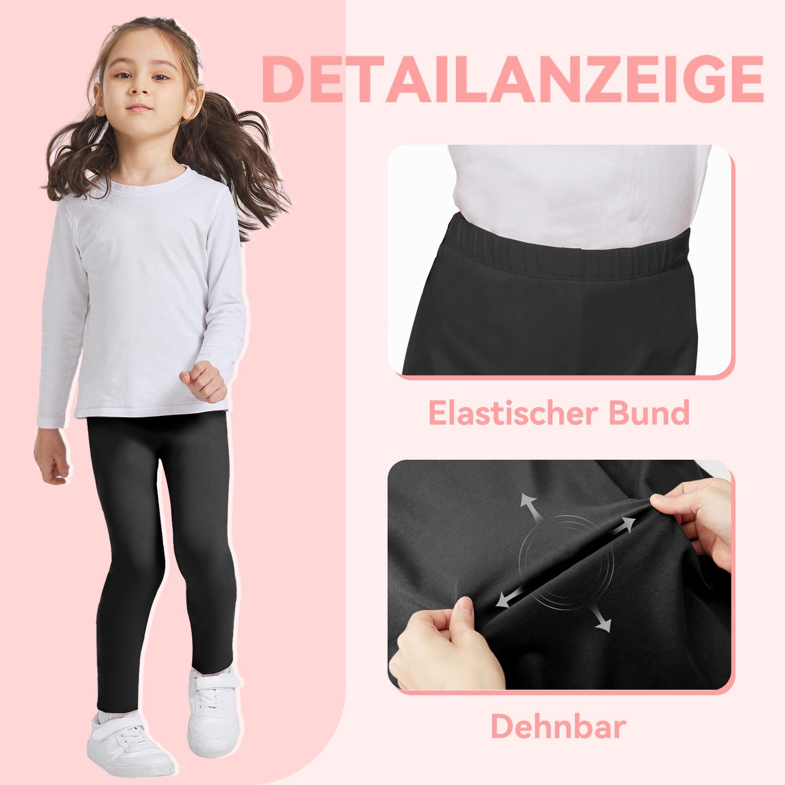 AMIYOYO 2-pak dziewczęcych legginsów z wysokim stanem, długie legginsy sportowe, miękkie legginsy sportowe, elastyczne spodnie fitness, wygodne spodnie do tańca, podstawowe dla dzieci
