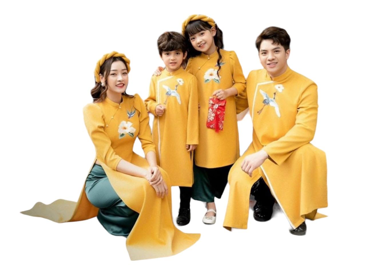 B24 Yellow Family Ao dai Vietnam Vietnamese Traditional Ao