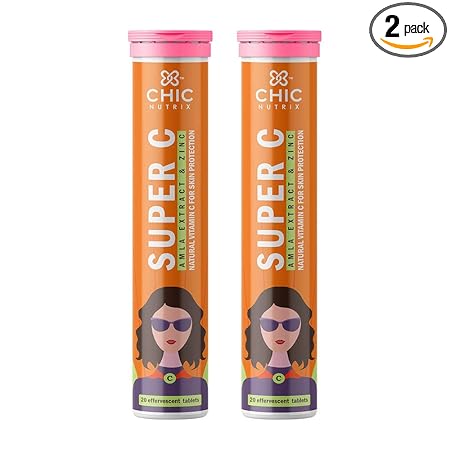 Chicnutrix Super C - Natural Vitamin C & Zinc for Clear & Acne Free Skin | 1000mg Amla Extracts|For Women & All skin types| Orange Flavour | 40 Effervescent Tablets