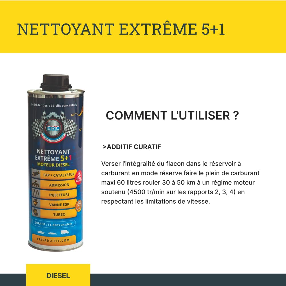 ERC [Nettoyant Extrême 5+1 Diesel] | Additif Diesel | Désencrasse l’Ensemble du Moteur | Nettoyant Moteur Diesel FAP injecteur et Turbo | Réduit la consommation de Carburant | 1 Litre