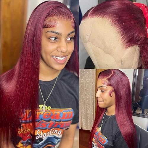 U&A 99J Burgundy 13x4 HD Lace Front Wigs Human Hair Pre Plucked with Baby Hair Brazilian Remy Wine Red Colored Straight Lace Front Human Hair Wigs For Women 150% Density (22inch, 99J burgundy color)