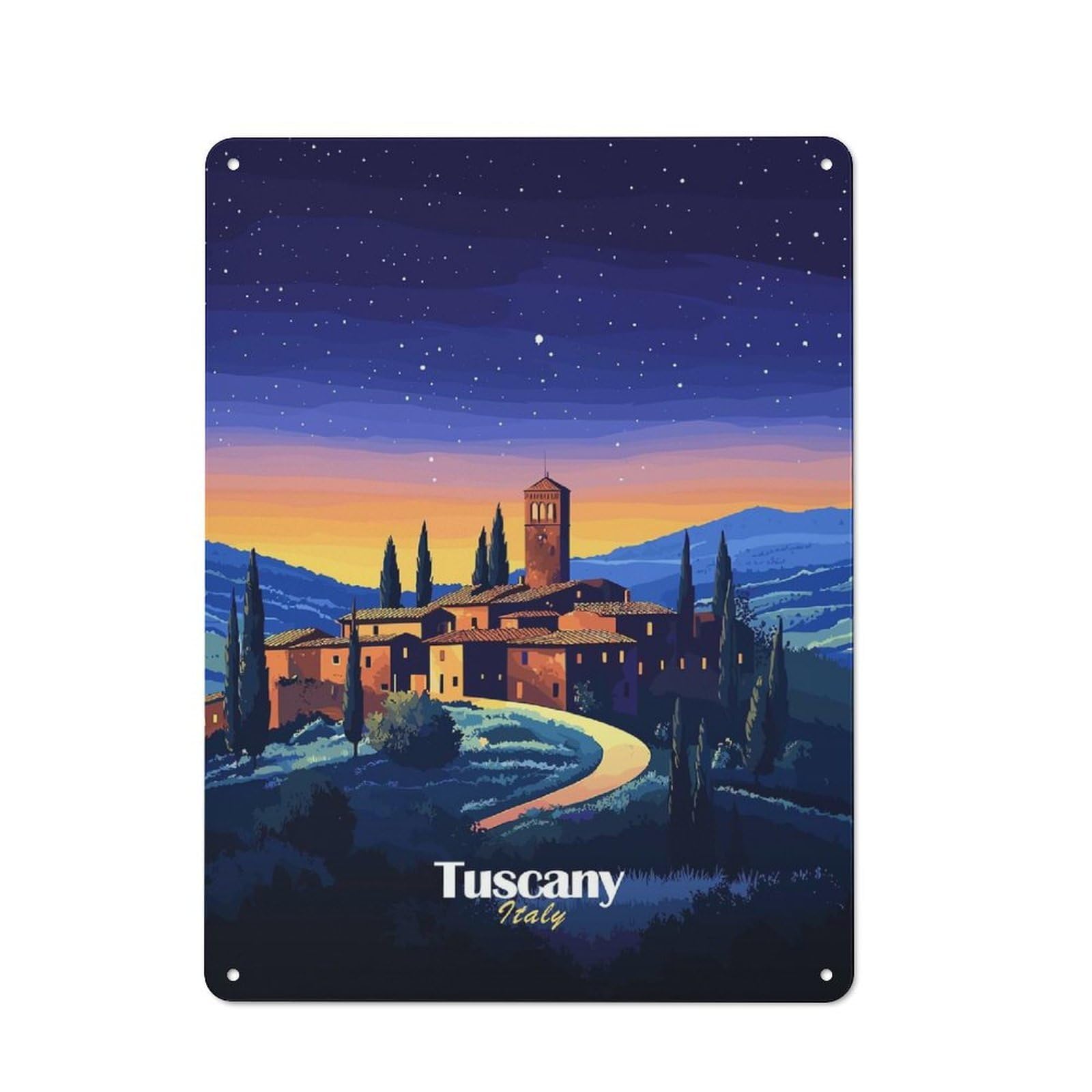 Junmoney Style-10 Rustic Tin Sign 40X30cm Featuring Tuscan Village Night For Garage Or Workshop, For Garage, Workshop And Man Cave Decoration