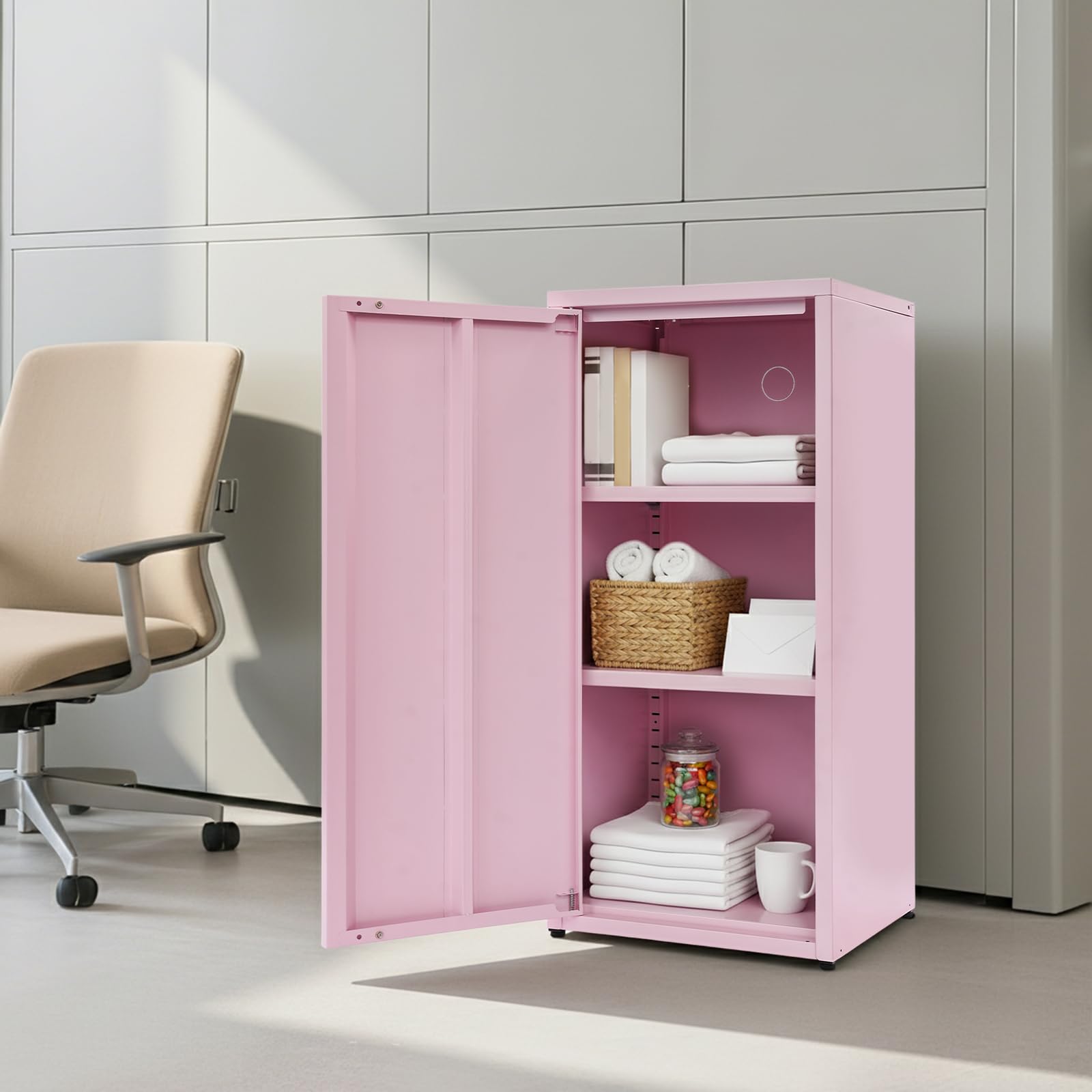 Armadio a 3 livelli con una porta, armadietto da ufficio, armadietto in acciaio, superficie con funzione di assorbimento magnetico, per soggiorno, camera da letto e ufficio, 40 x 35 x 88 cm (rosa)