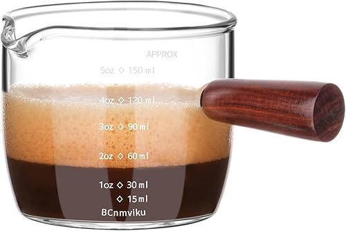 BCnmviku Vaso de chupito de café expreso, 5.1 fl oz, 5 onzas, triple jarra barista con mango de madera (1)