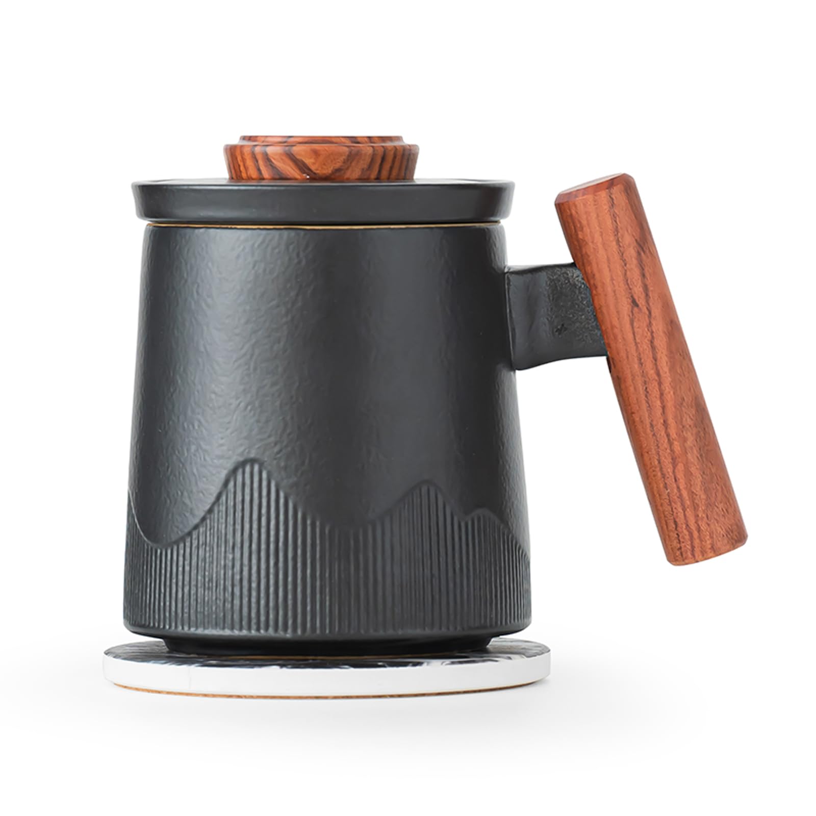 HFceram Tea Cup with Infuser and Lid, 13.5oz Black Tea Mug with Wooden Handle and Absorbent Coaster, Ceramic Tea Steeper for for Loose Leaf Tea, Ideal Gift