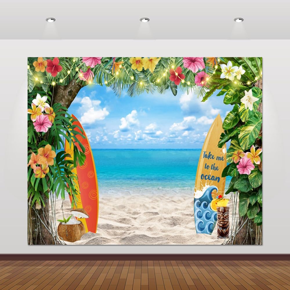 Beach Backdrop 10x8ft Summer Tropical Ocean Hawaiian Palm Leaves Surfboard Photography Background for Luau Aloha Party Decoration Banner Beach Theme