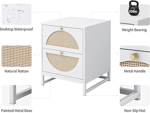 Miniatura 4 de vistavie Mesita de noche de ratán con 2 cajones, mesa auxiliar de madera de ratán tejido, mesa auxiliar rústica con almacenamiento, para sala de