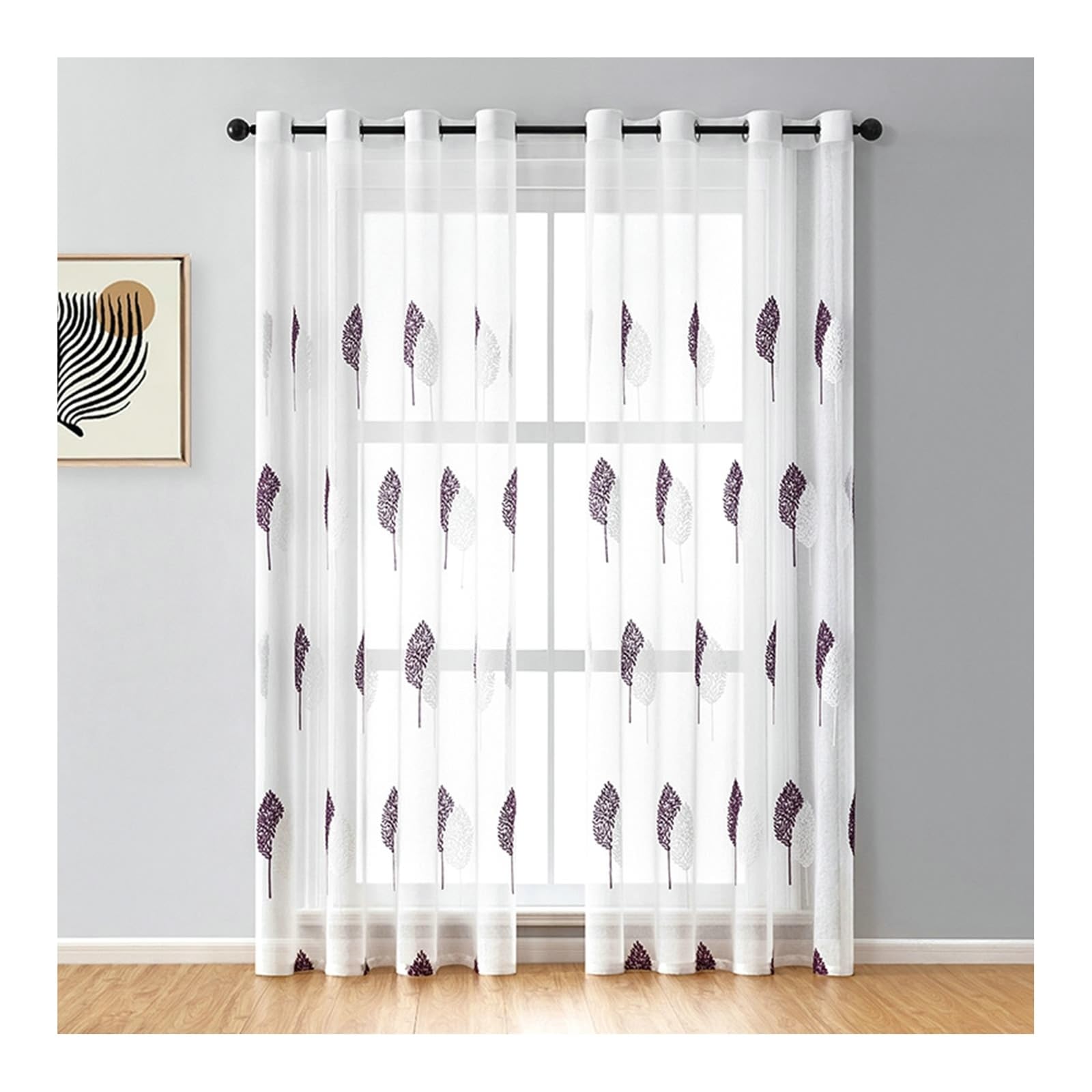 Voile Vorhänge Lila und Weiß Transparente Kurz, 2 Stück Polyester Bestickt mit Ösen Vorhänge Moderne Wohnzimmer, H115 x B96 cm