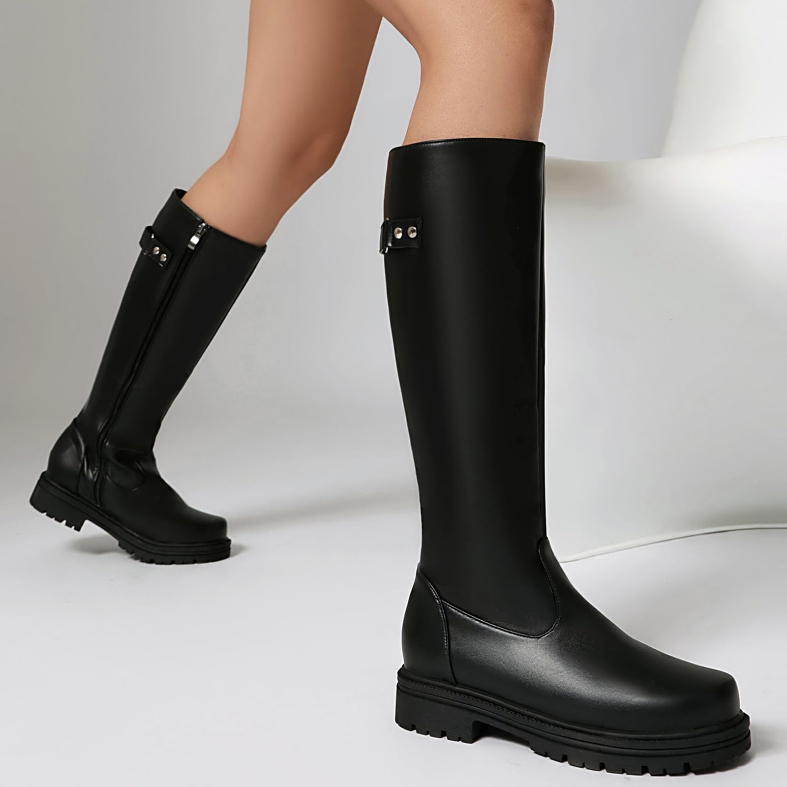 Damskie buty z okrągłym noskiem do kolan, boczny zamek błyskawiczny, obcas blokowy, buty jeździeckie
