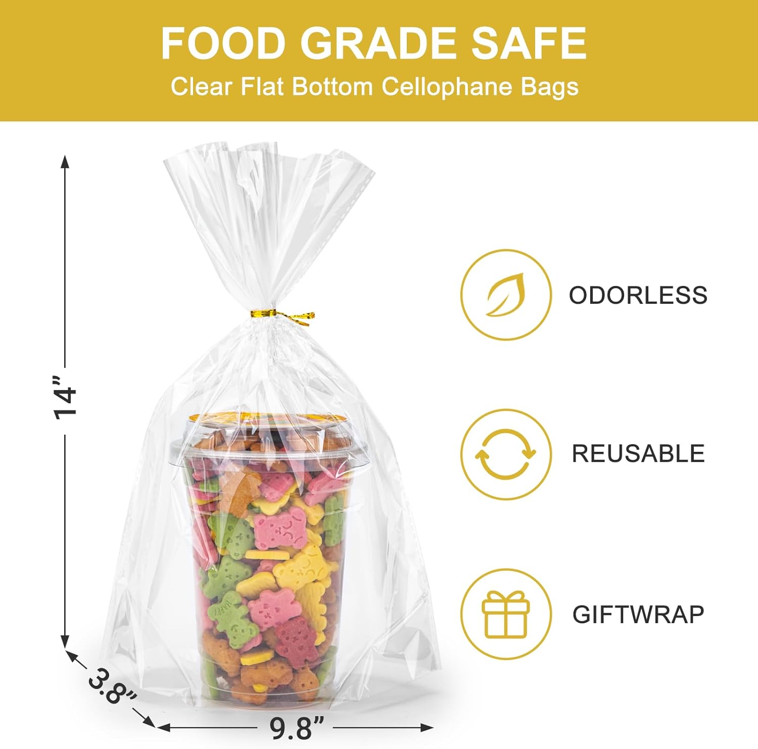 100Pcs Flat Bottom Cellophane Bags, 9.8x14x 3.8" Clear Goodie Baggies with Twist Ties for Party Favor Packaging, Cookie, Popcorn, Candy, Mug Wrapping - Image 4
