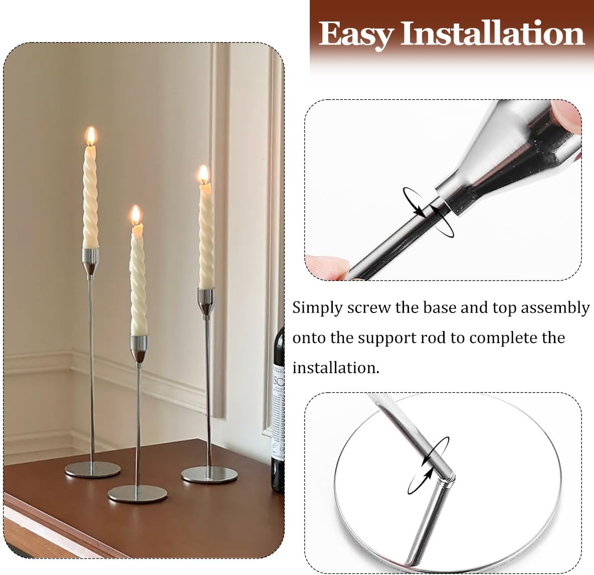 Set of 6 Candle Holder, Silver Taper Candlestick Holders, 32cm/27cm/22cm Tall Candlestick Holders, Decorative Vintage Candelabra for Centerpiece Table Wedding Party Anniversary Decorations(Silver)