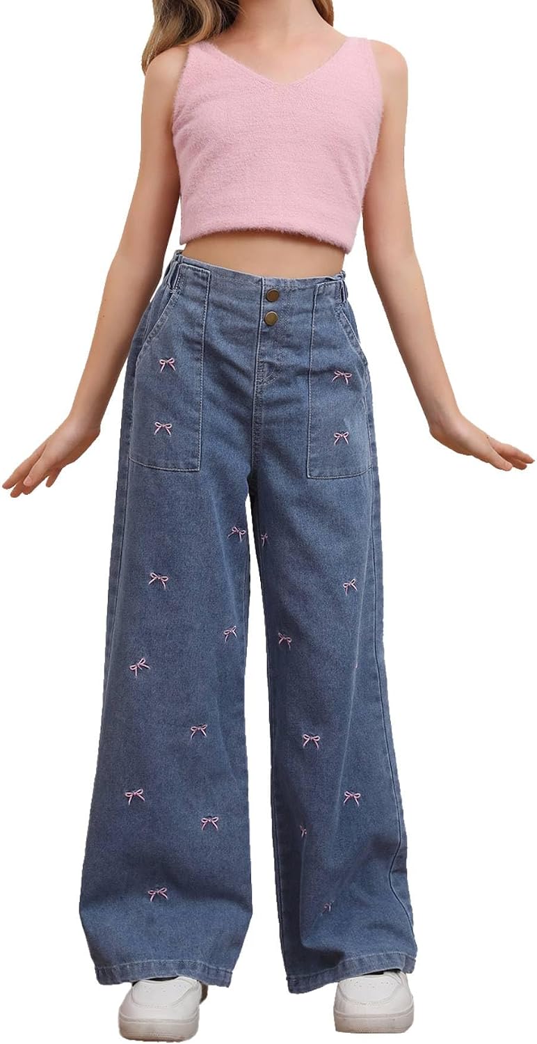 SHENHE Girl's Bow Print Wide Leg Baggy Jeans Elastic Waist Y2k Coquette Denim Pants