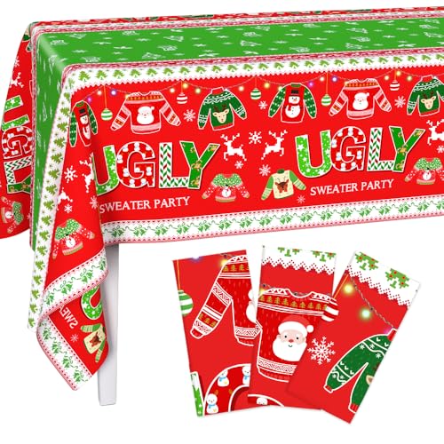 AIBIIN 3 Pack Christmas Ugly Sweater Decorations Disposable Plastic Tablecloths Ugly Sweater Elements Themed for Christmas New Year Party Supplies Table Cover 54 x 108 Inch