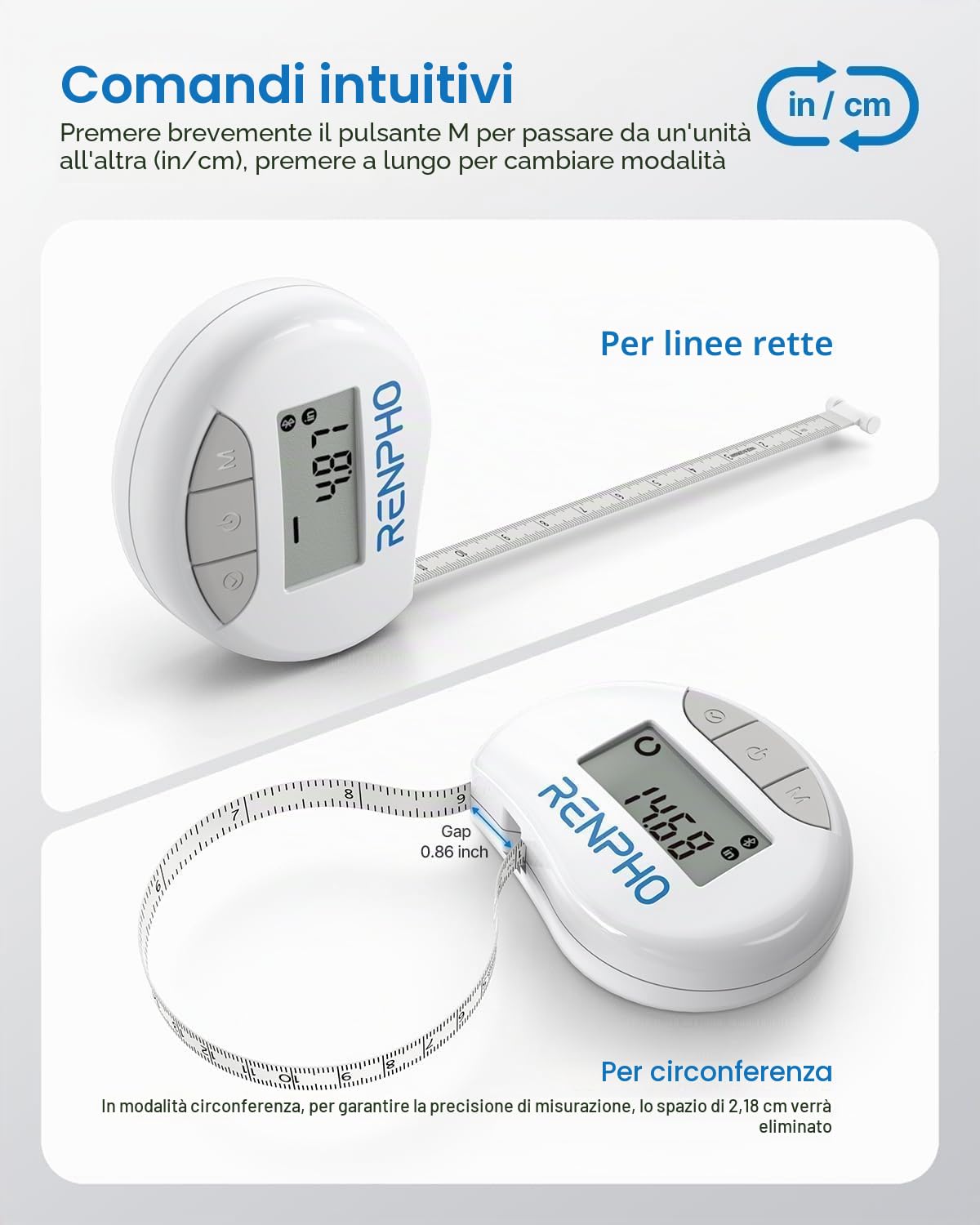 RENPHO Metro a Nastro Smart per Misurazione del Corpo con App Tramite Bluetooth, per Misurare Varie Circonferenze del Corpo, Aumento Muscolare, Risultati di Fitness e Bodybuilding, in Pollici e CM