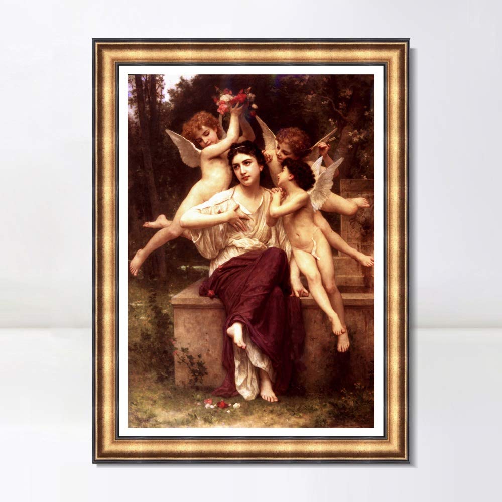 INVIN ART Framed Canvas Art Giclee Print Reve de Printemps by William Adolphe Bouguereau Wall Art Living Room Home Office Decorations(European Retro Golden Frame with Linen Liner,20"x24")
