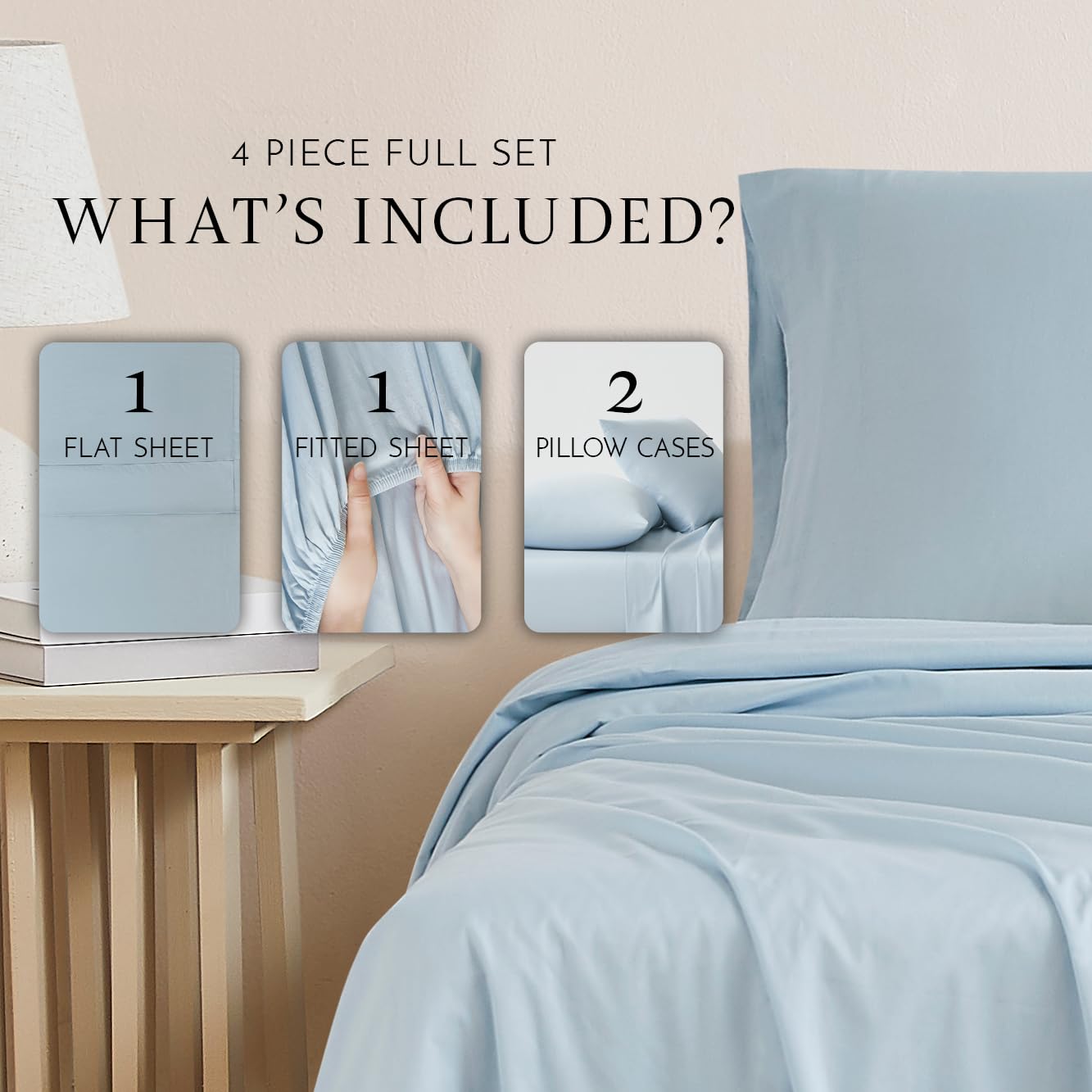 Linen Closet Luxury Cotton 144 Thread Count Organic Cotton 4-Piece Sheet Set, Full, Light Blue
