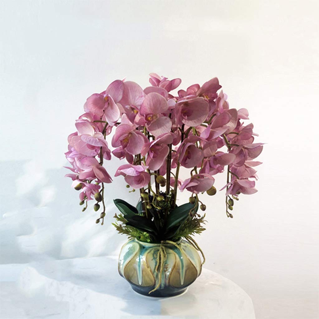 XDLEDMKIZ Artificial Flower in Pot Elegant Artificial Orchid Bonsai Fake Flowers with Vase Arrangement PU Phalaenopsis for Home Living Room Decor Table