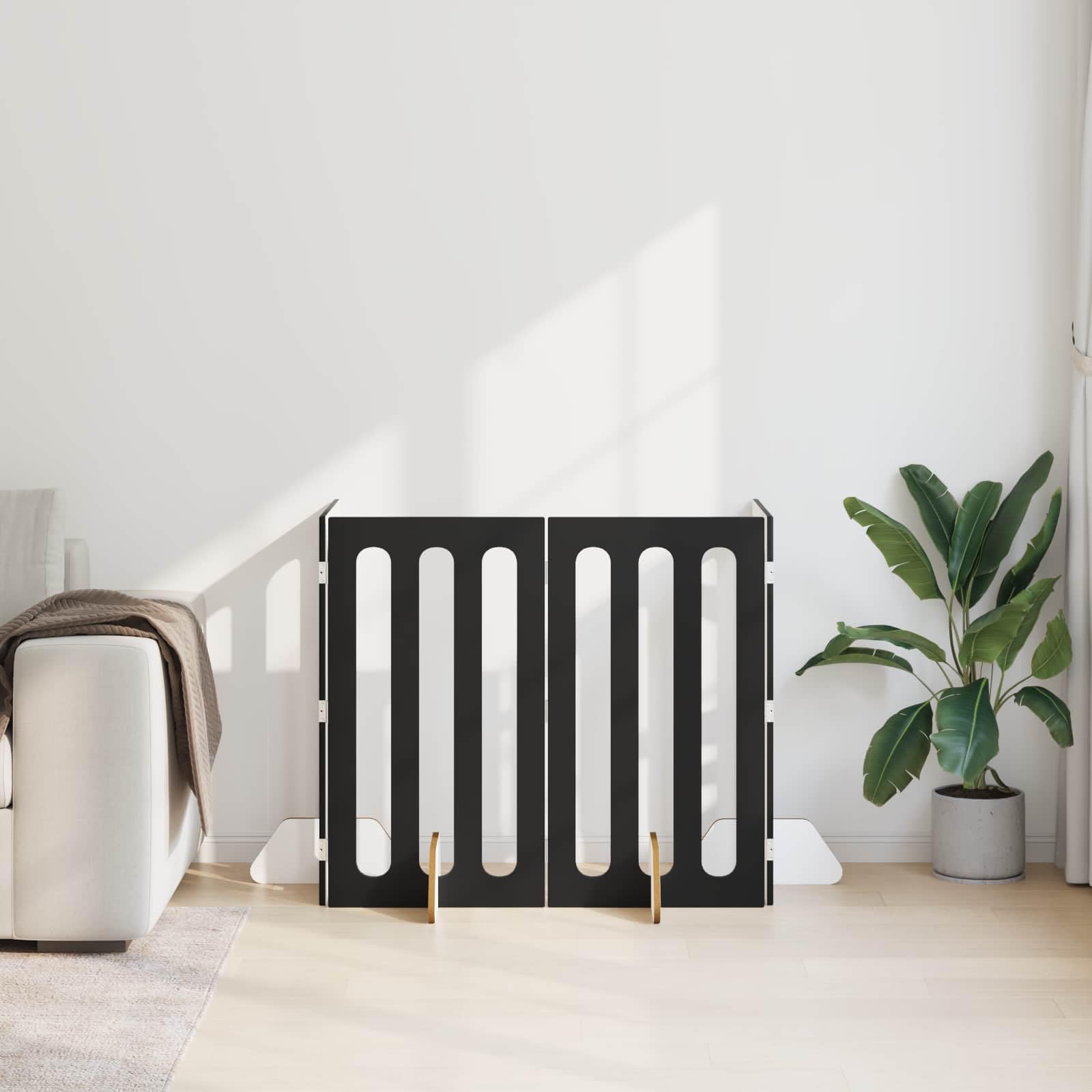 Recinzione pieghevole per animali domestici in legno di rovere nero, 201 x 38 x 90 cm, 4 pezzi, con pannelli pieghevoli flessibili per interni, barriera sicura e uso flessibile