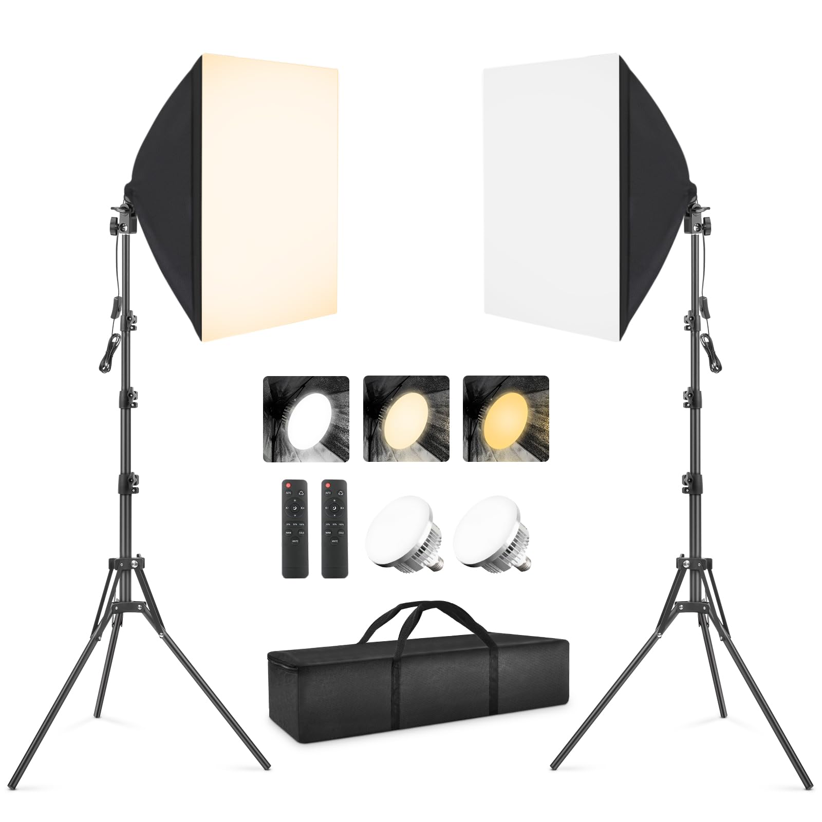 Kit de iluminación de fotografía Softbox, Heorryn 85 W, luz suave continua con control remoto, bombillas LED de 2700 K-6400 K, luces de estudio regulables para transmisión en vivo, grabación de video