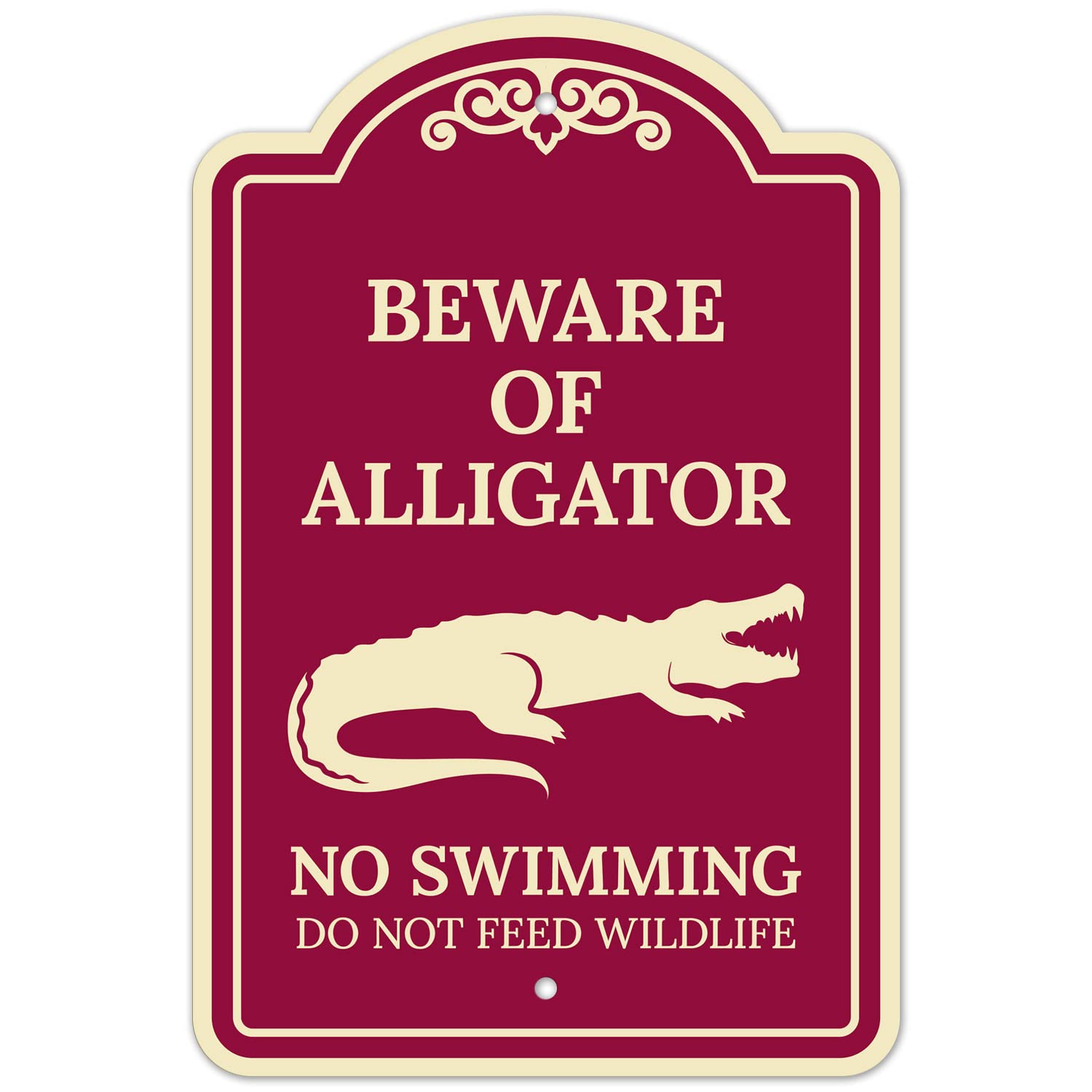 Beware of Alligator No Swimming Do Not Feed Wildlife Décor Sign, Burgundy Dark, 12x18 Inches, ACM, Fade Resistant, Made in USA
