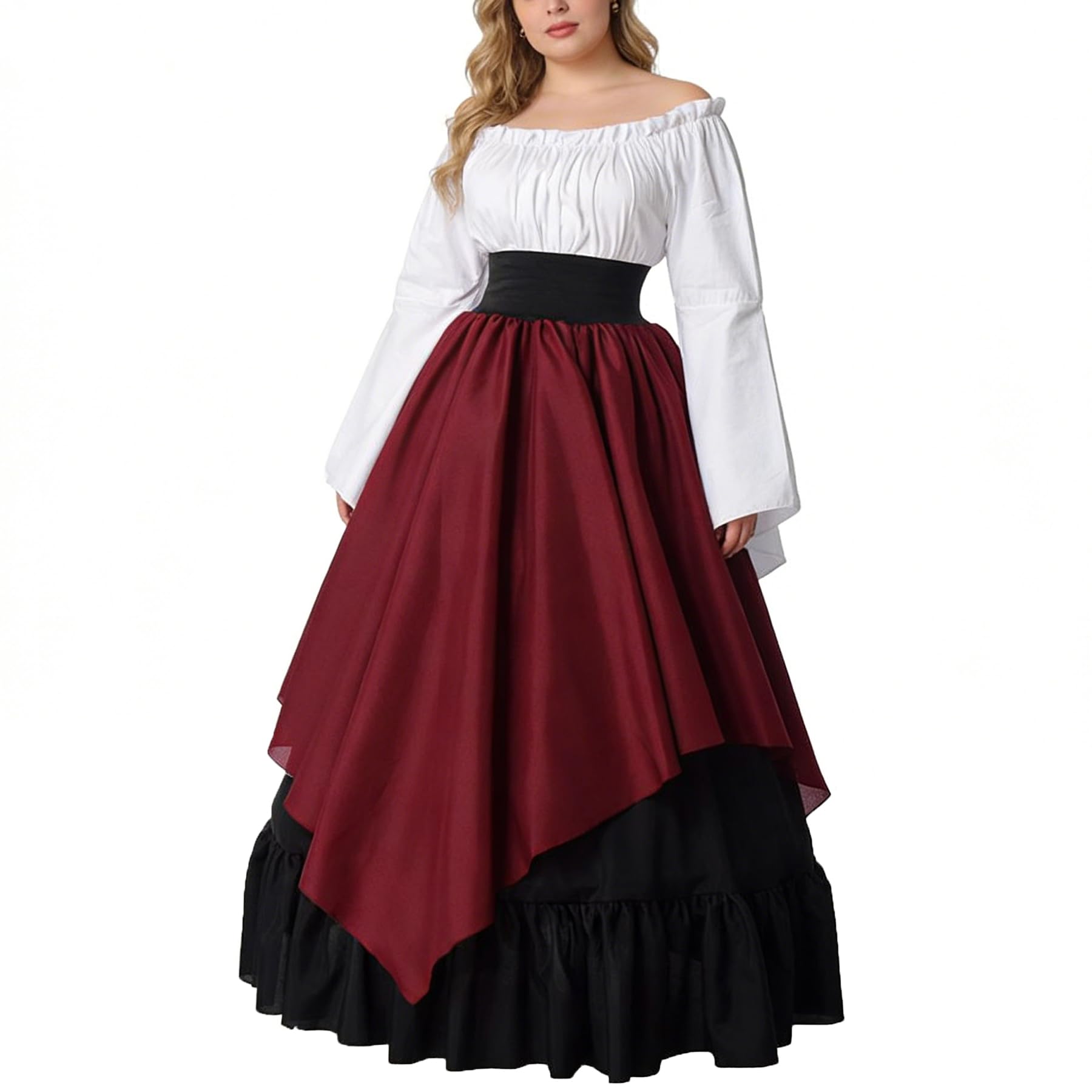 BPURB Medieval Dress for Women Renaissance Costume Trumpet Sleeve Victorian Dresses Gown (Top & Skirt & Petticoat) (Black/Red, L)