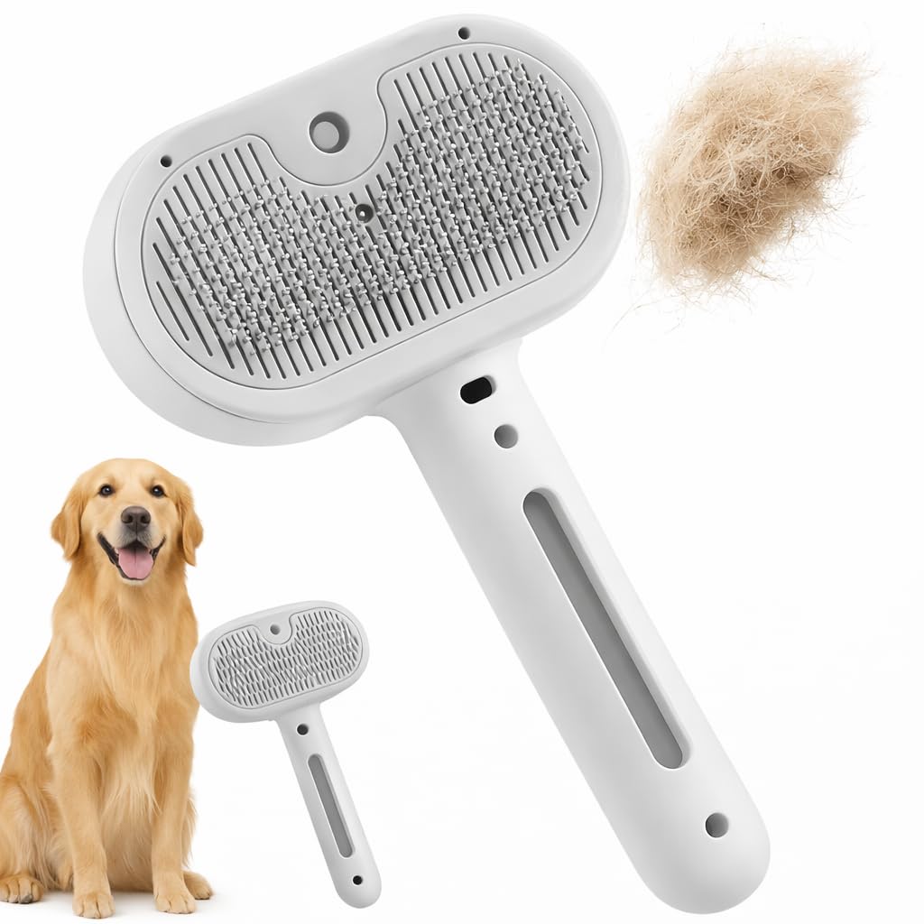 Cepillo 2 en 1 para Mascotas con Pulverizador – Peine Desenredante y Quitapelos Recargable por USB para Perros y Gatos, Reduce la Electricidad Estática y Promueve un Pelaje Brillante (Blanco)