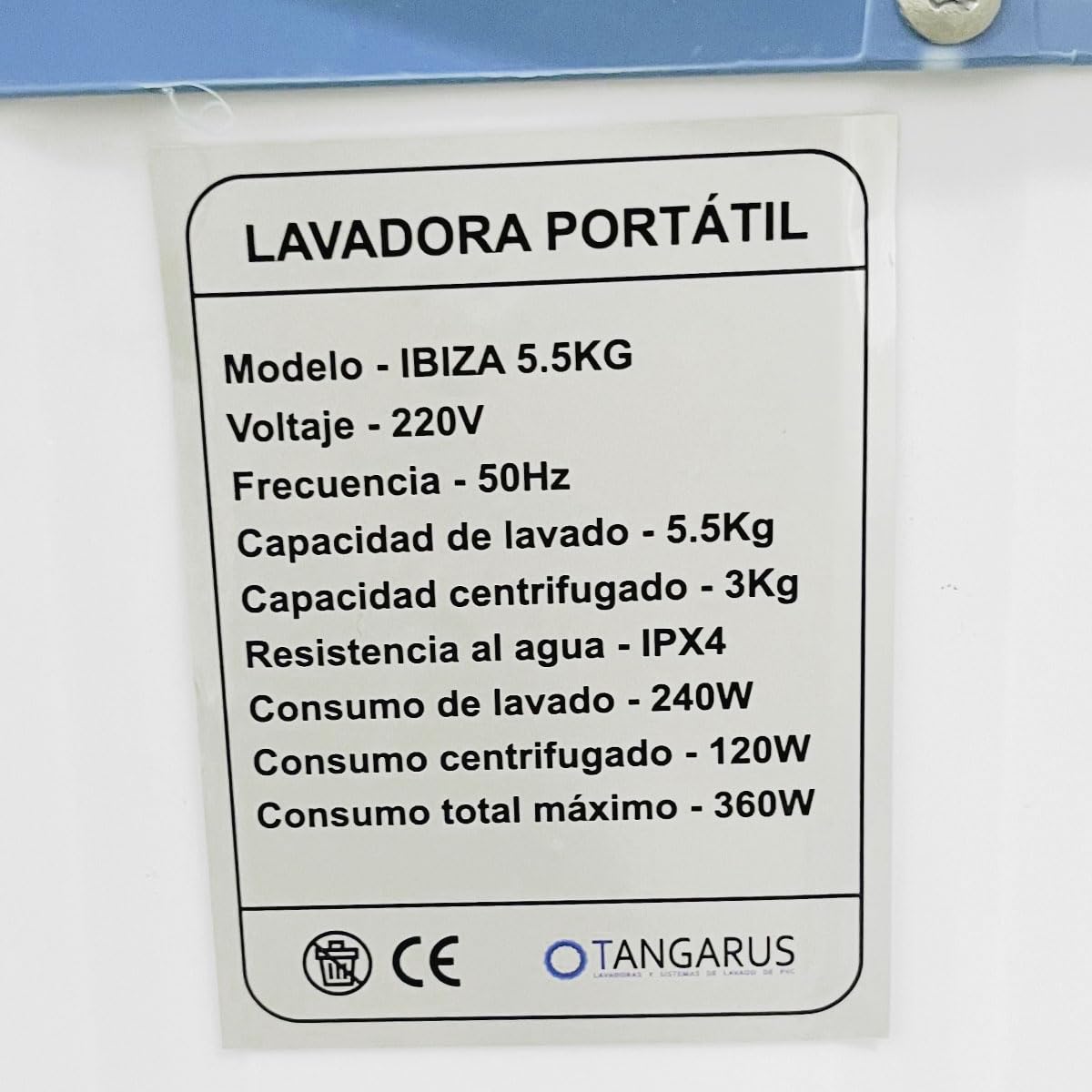Tangarus Lavadora Centrifugadora Portátil Ibiza 5,5Kg - Compacta, Eficiente y Sin Instalación Previa para Tus Aventuras y Uso Diario