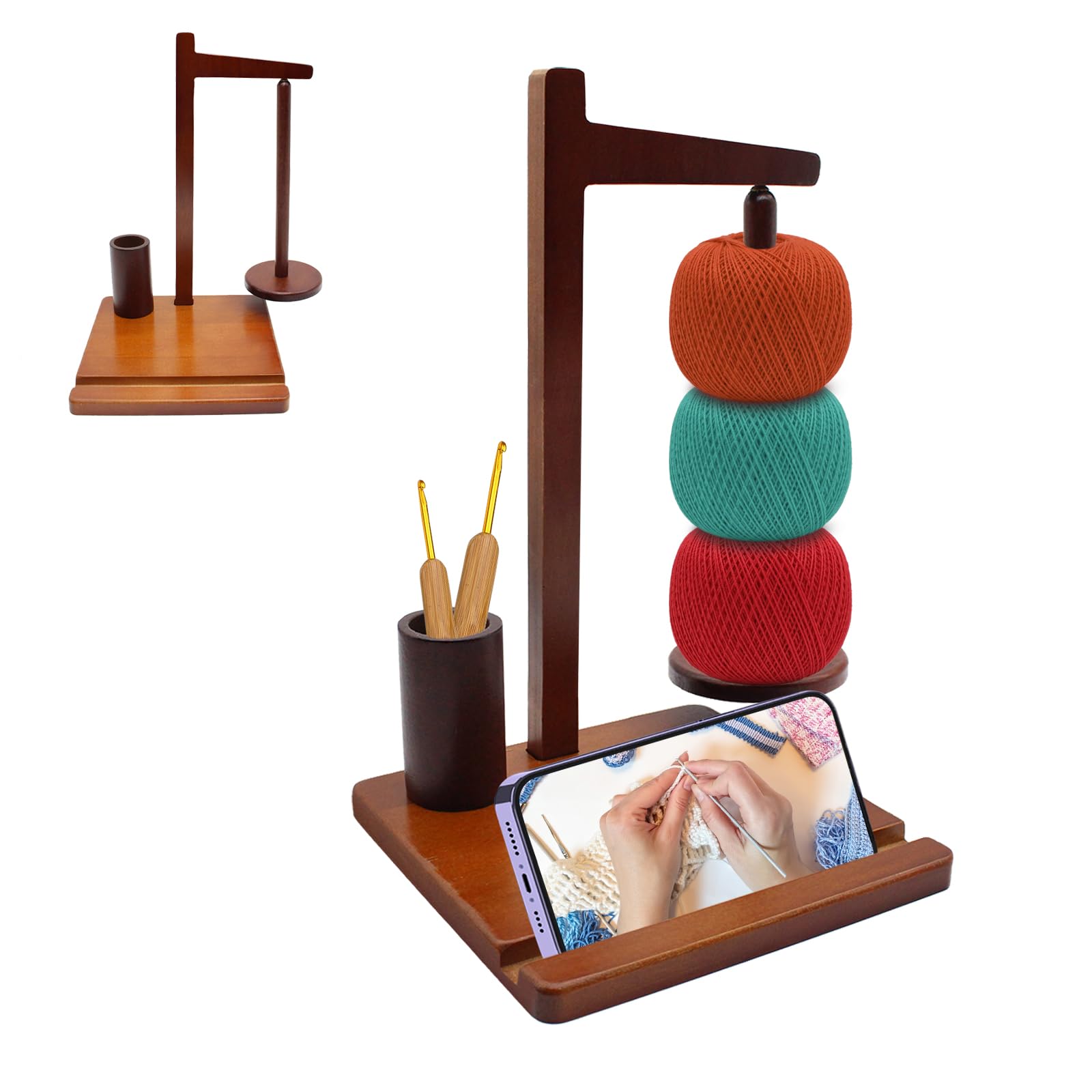 Supporto in Legno per Fili, Porta-Gomitolo con Supporto per Telefono, Supporto Magnetico Multifunzionale per Lana, Raccoglitore per Fili da Uncinetto e Lavoro a Maglia