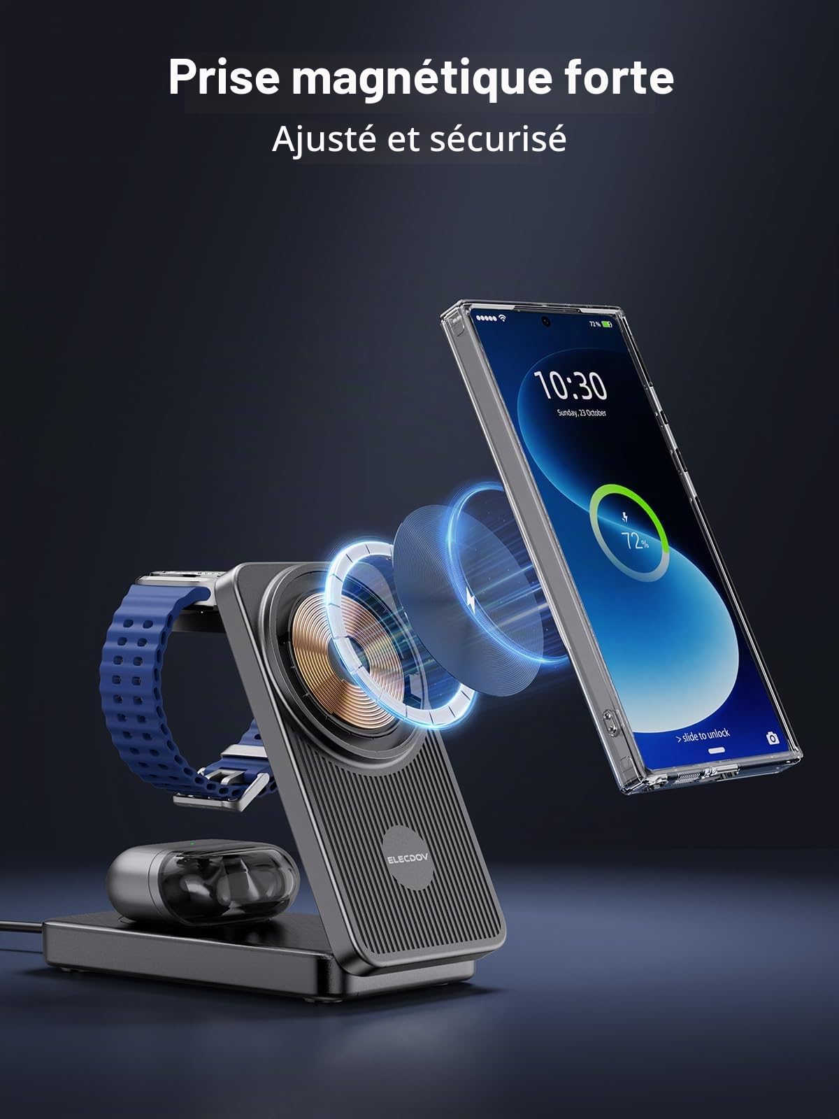 Magnétique Chargeur Induction pour Samsung Galaxy S26 Ultra/Z Fold 7/Z Flip 7, Chargeur sans Fil de 3 en 1 Pliable pour Galaxy S25/S24, Chargeur Watch pour Samsung Galaxy Watch Ultra/8