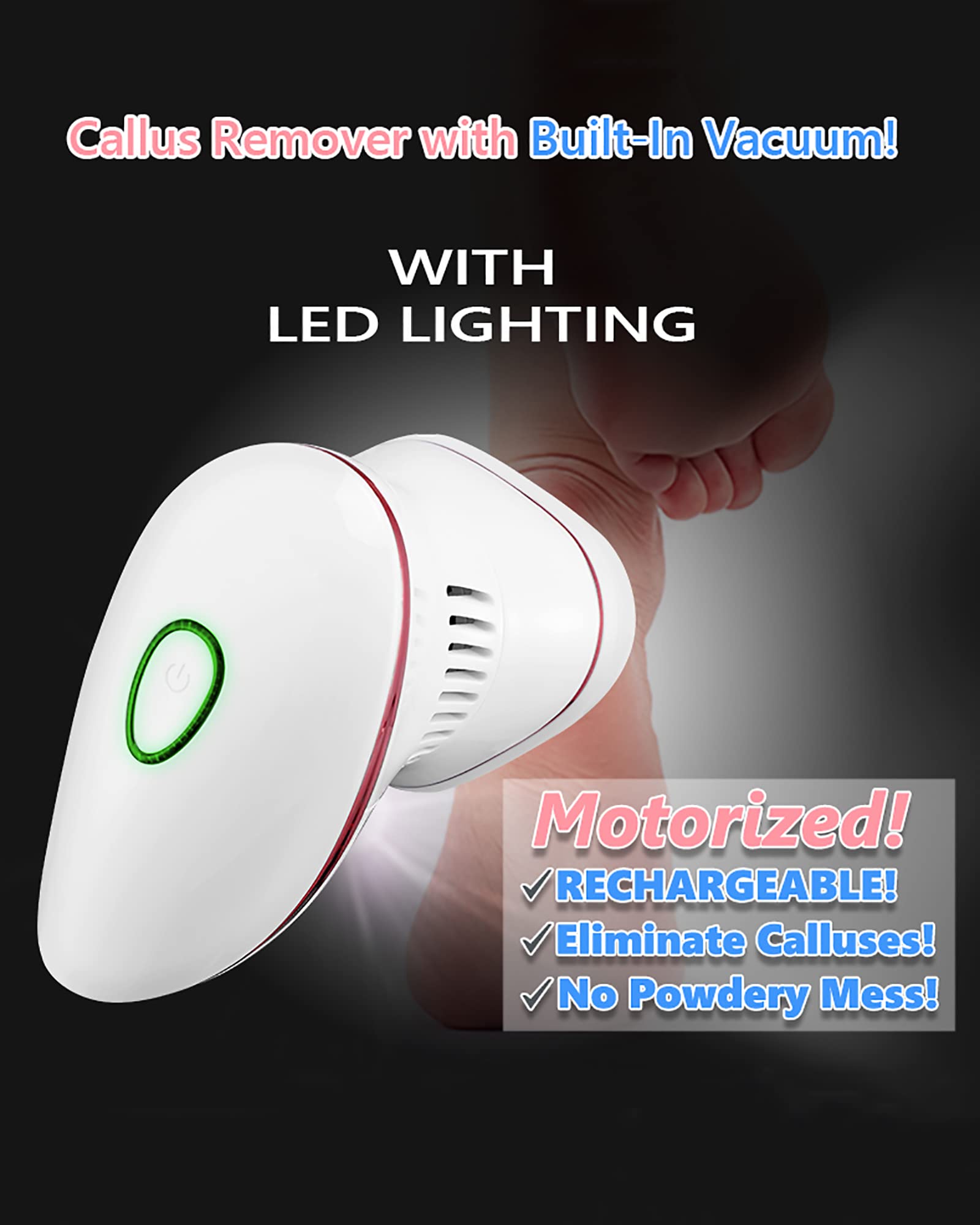 Kit de removedor de callos de pie eléctrico con iluminación Lima de pie recargable Herramientas de pedicura Amoladora de pie al vacío 3 rodillos y 2 velocidades para pies secos, muertos y agrietados