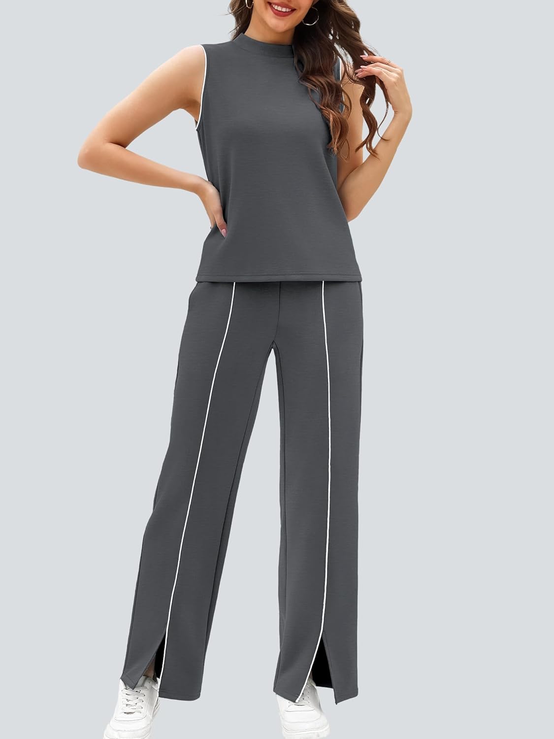 Casly Lamiit Women's 2 Piece Outfits Summer Casual Mock Neck Sleeveless Top Wide Leg Pant Sets Front Slits Travel Sweatsuit - Image 2