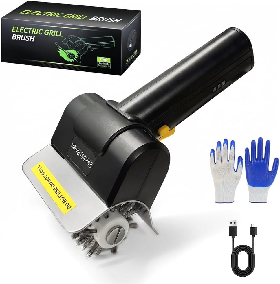 Electric Grill Brush for Outdoor Grill, 700–800 RPM Stainless Steel Bristles, 304 Removable Brush Head, Cordless & Type-C Rechargeable Grill Cleaning Tool for Outdoor BBQ, Griddles and Grates