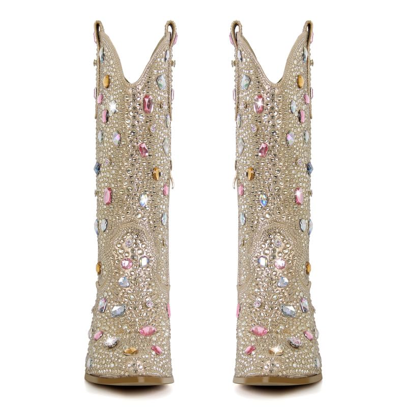 Image of Richealnana Sparkly Rhinestones Cowboy Cowgirl Style Boots Calf High Boots for Women 2INCH Heeled Shining Pull On Tabs