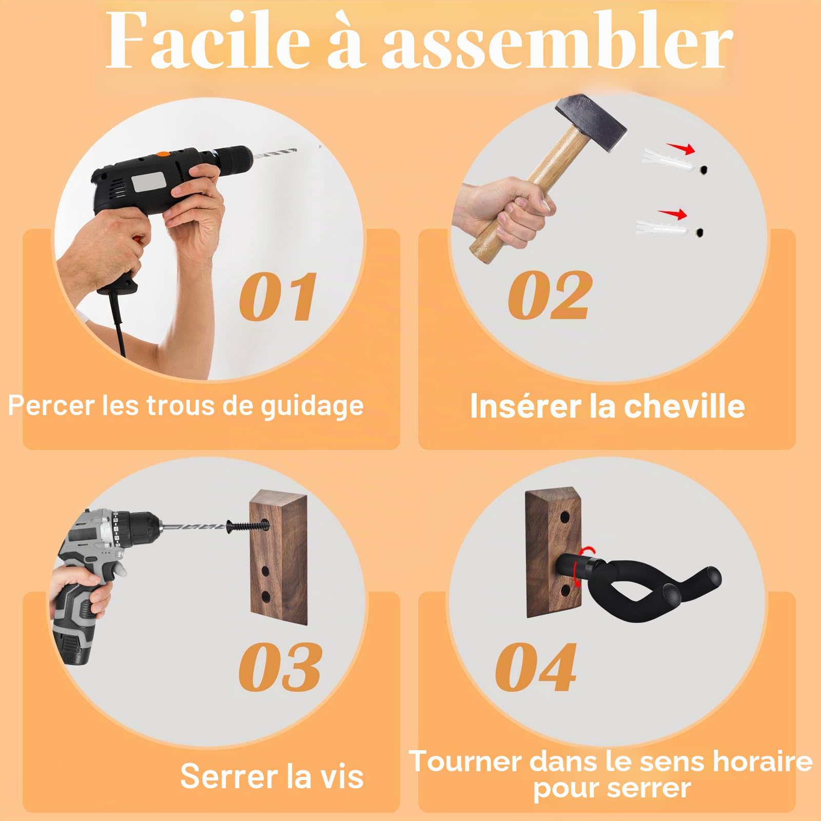 support guitare mural Lot de 4 avec crochet souple réglable pour guitares de toutes tailles, support mural guitare en forme de U en bois dur pour guitare acoustique, électrique, basse